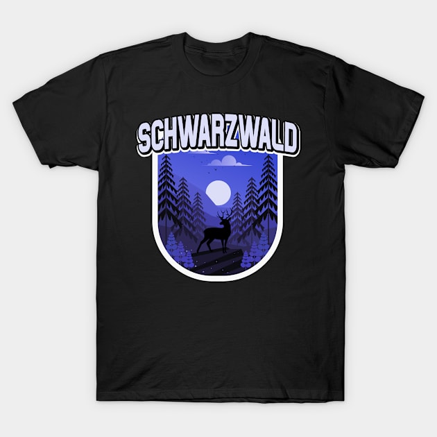 Schwarzwald Illustration Wald Bäume Hirsch T-Shirt by Foxxy Merch